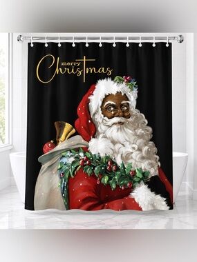 5-Piece Black Santa Merry Christmas Bathroom Set Shower Curtain & Mats